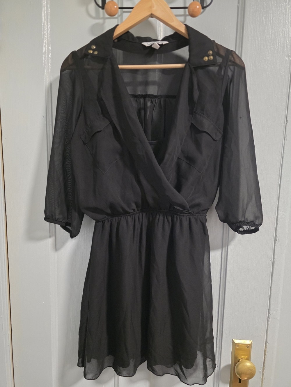 Speechless Black Sheer Longsleeve Mini Wrap Dress With Stud Collar Detail Size M